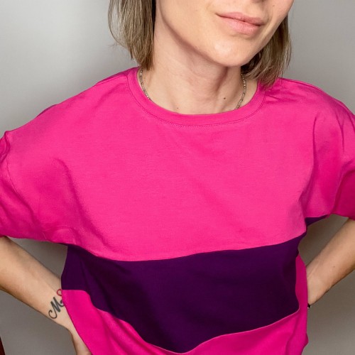 Koszulka damska oversize patchwork Fuksja &amp;Fiolet