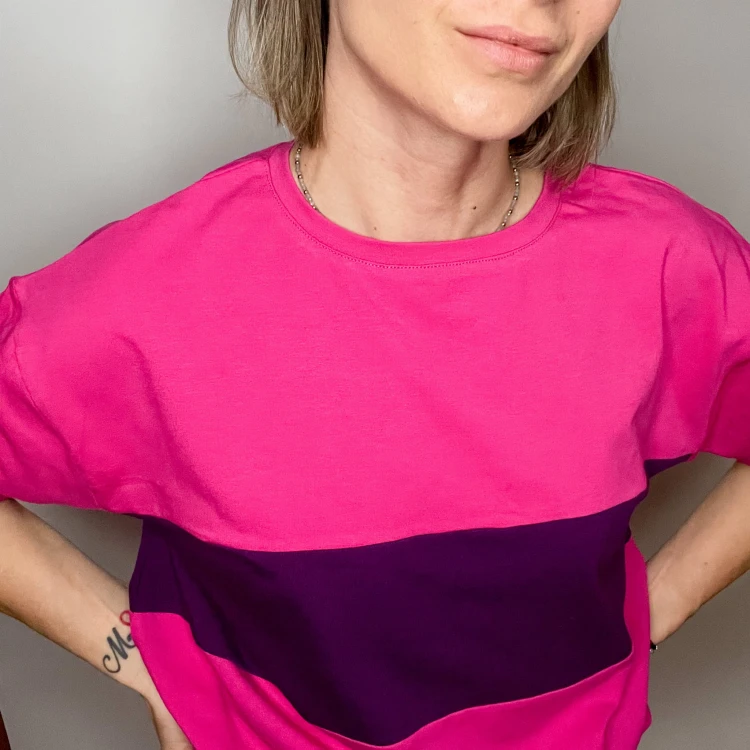 Koszulka damska oversize patchwork Fuksja &amp;Fiolet