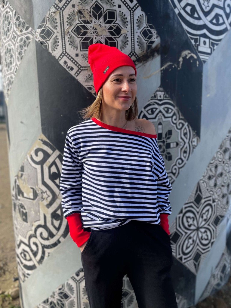 Bluza OFF SHOULDER paski ciemny granat