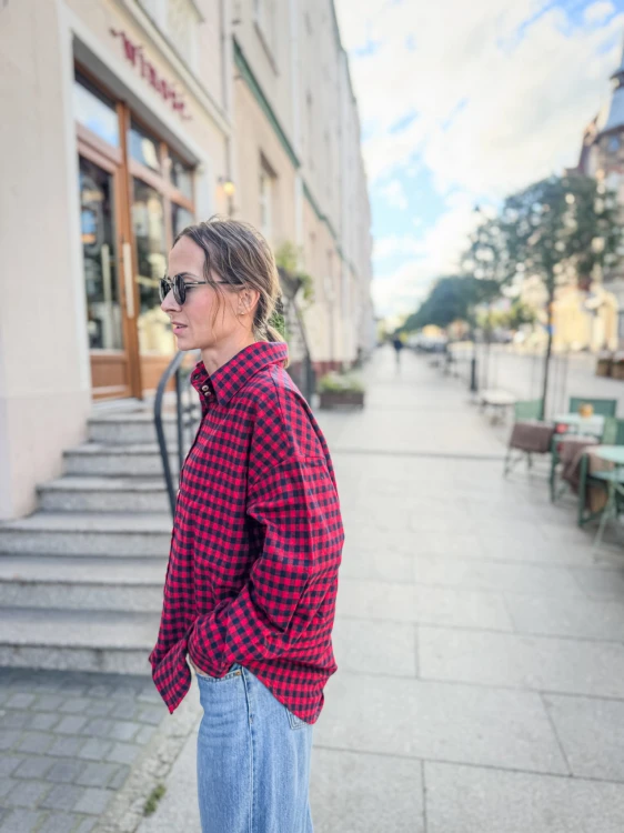 klasyczna koszula w kratę czerwono granatową handmade