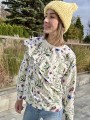 bluza damska luźna biała z falbanką kwiaty