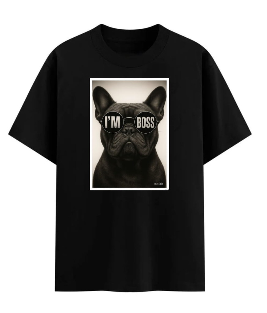 czarna koszulka męska buldog w okularach duzy nadruk a4