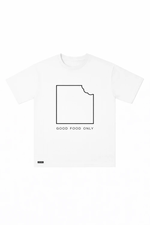 Biała koszulka męska oversize z nadrukiem GOOD FOOD ONLY – Mrs. Thin