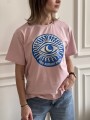 Bladoróżowy t-shirt damski z grafiką chabrowego oka