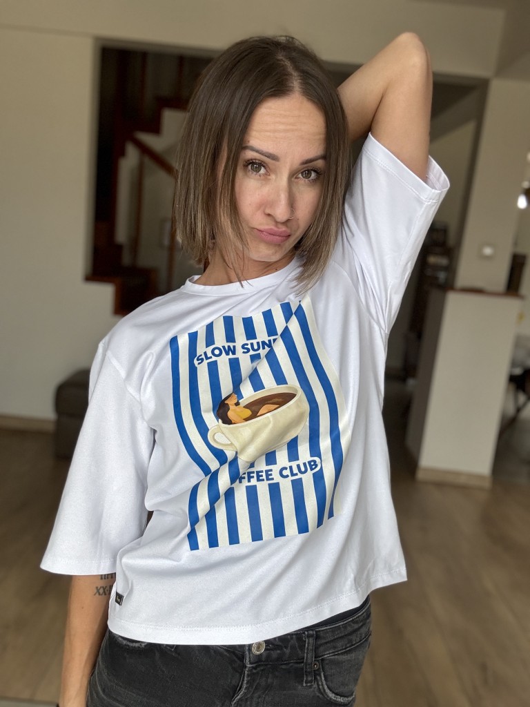 t-shirt slow fashion damski biały coffee club