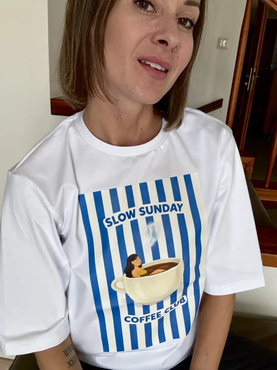 t-shirt slow fashion damski biały coffee club
