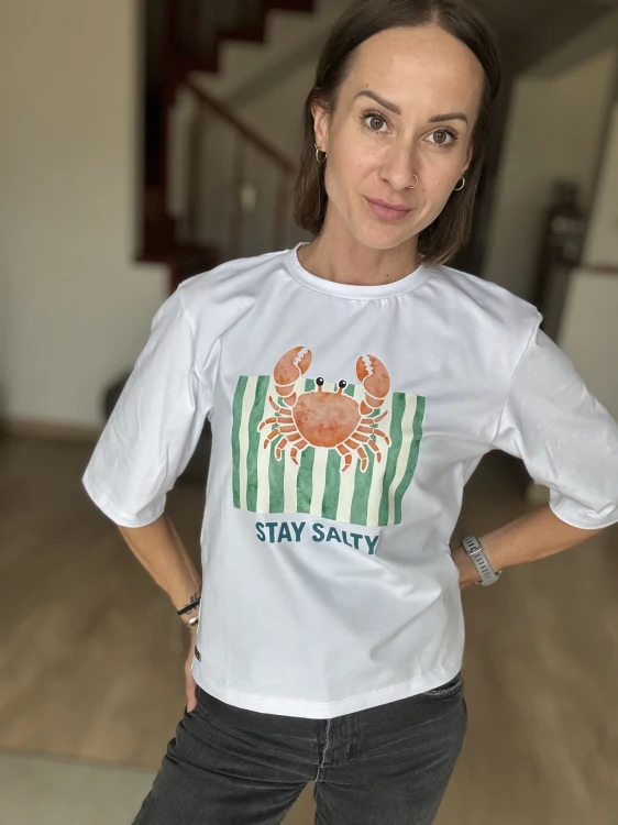 koszulka damska casual biała nadruk krab coffee summer vib