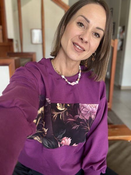 Damska śliwkowa bluza patchwork peonie LIMITOWANY DROP