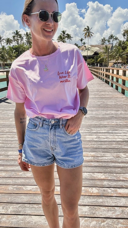 T-shirt oversize różowy z napisem Love Life handmade