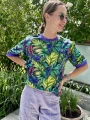 Oversize t-shirt damski z fioletowym ściągaczem